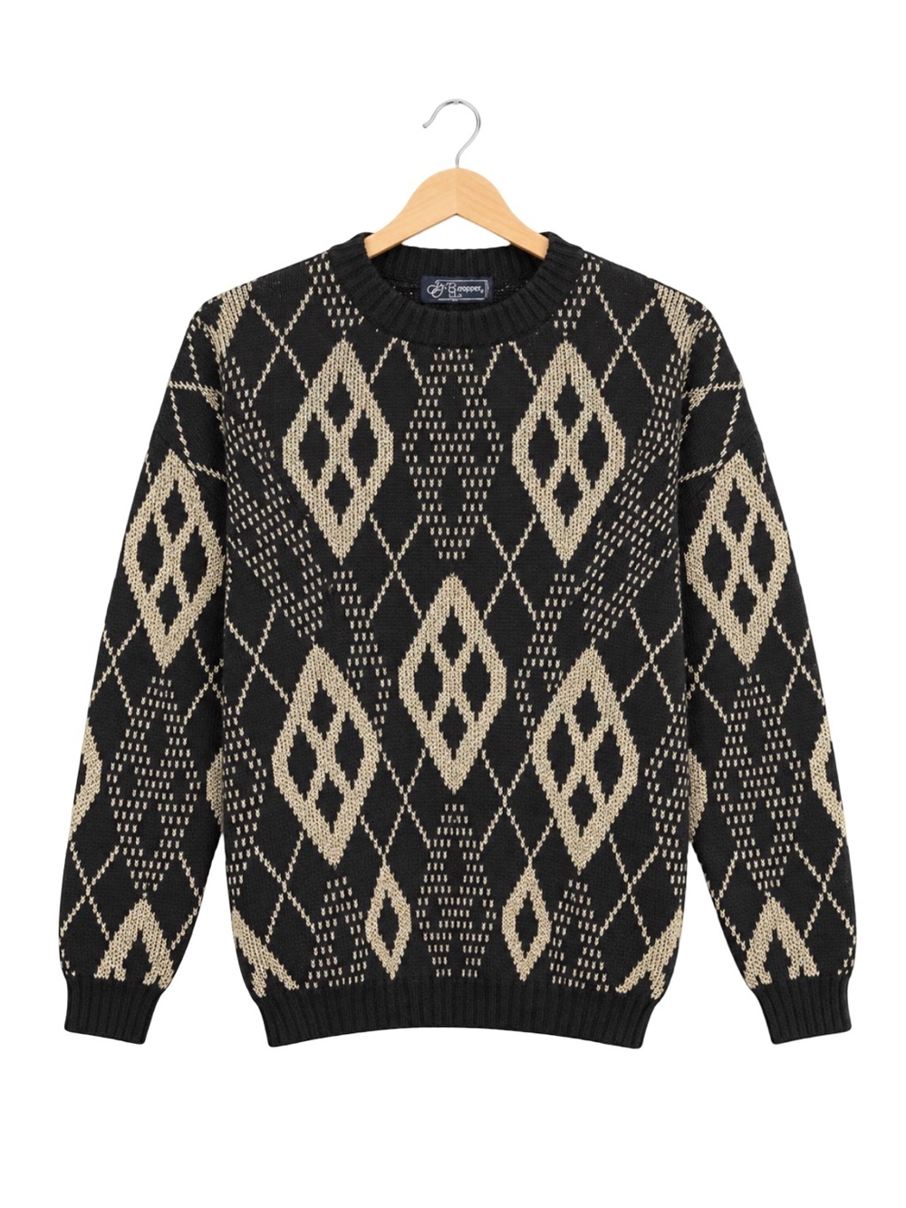 VTG 90s JJ Browne Sweater M Black Gold Metallic Knit Diamond Argyle grandpa USA